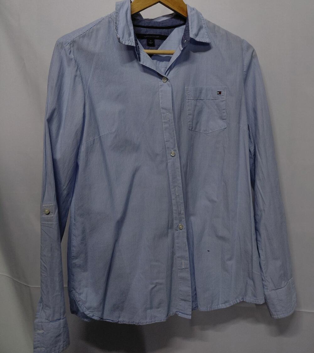 TOMMY HILFIGER Blue Striped Button-Up Shirt Woven Long Sleeve Men Size M